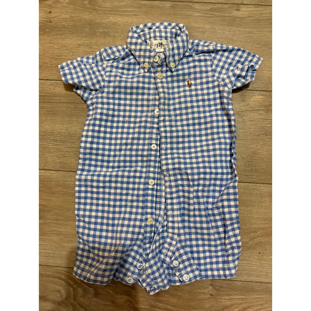 Ralph Lauren Baby Boy Blue White Gingham Cotton Romper 9M Short Sleeve Button Up